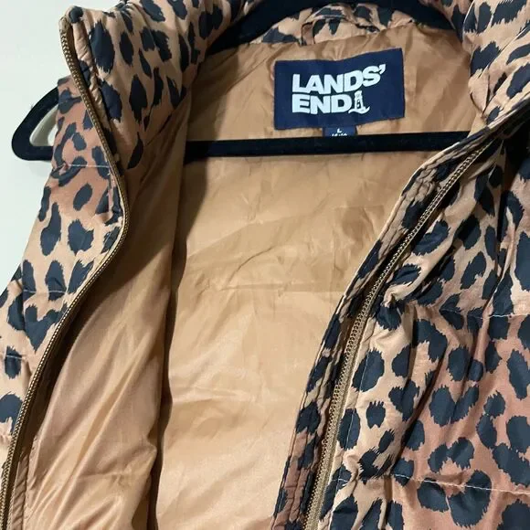 Lands End Women’s Cheetah Animal Print Puffer Vest 600 Down Zip Up SZ L 14/16 - Picture 6 of 11